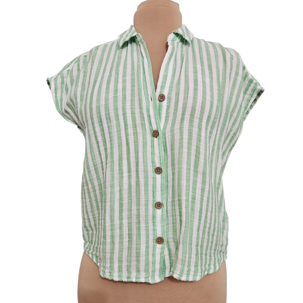 Beachlunchlounge Green White Striped Cotton Button Down Short Sleeve Top Medium